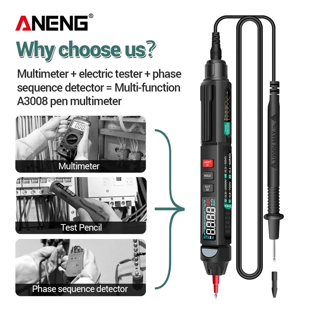 Digital Pen Multimeter Tester Auto Intelligent Sensor ANENG A3008 6000 Counts Non-Contact Voltage Meter Multimeter Polimetro Too