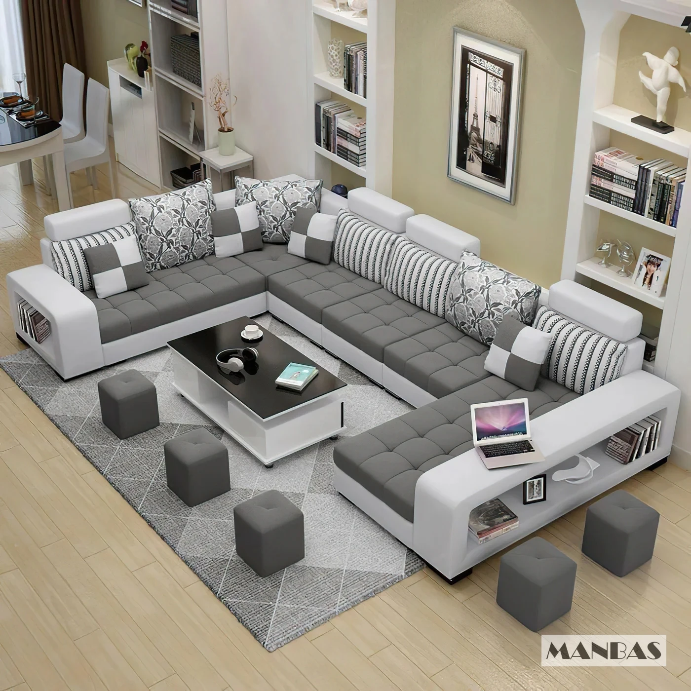 MINGDIBAO Dark Grey & Light Grey Fabric Sectional Couch With Chaise, U-Shape Coth Living Room Sofa With Stools Home Furniture