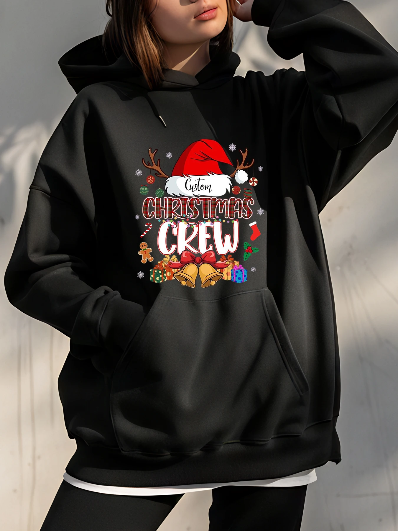 

Толстовка с праздничным принтом Christmas Crew с праздничными деталями и веселым дизайном для женщин в зимнем сезоне