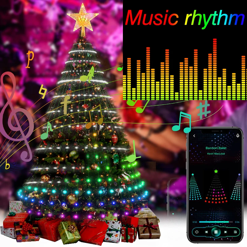 RGB IC Christmas Tree Light DIY APP Bluetooth Multicolor Fairy LED Star String Light Waterfall Xmas Home Yard Holiday Party Deco