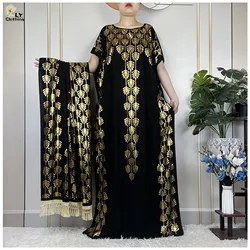 2023 New Summer Loose Short Sleeve Cotton Robe Gold Stamping  Boubou Maxi Islam Femme Dress With Big Scarf African Abaya Clothes