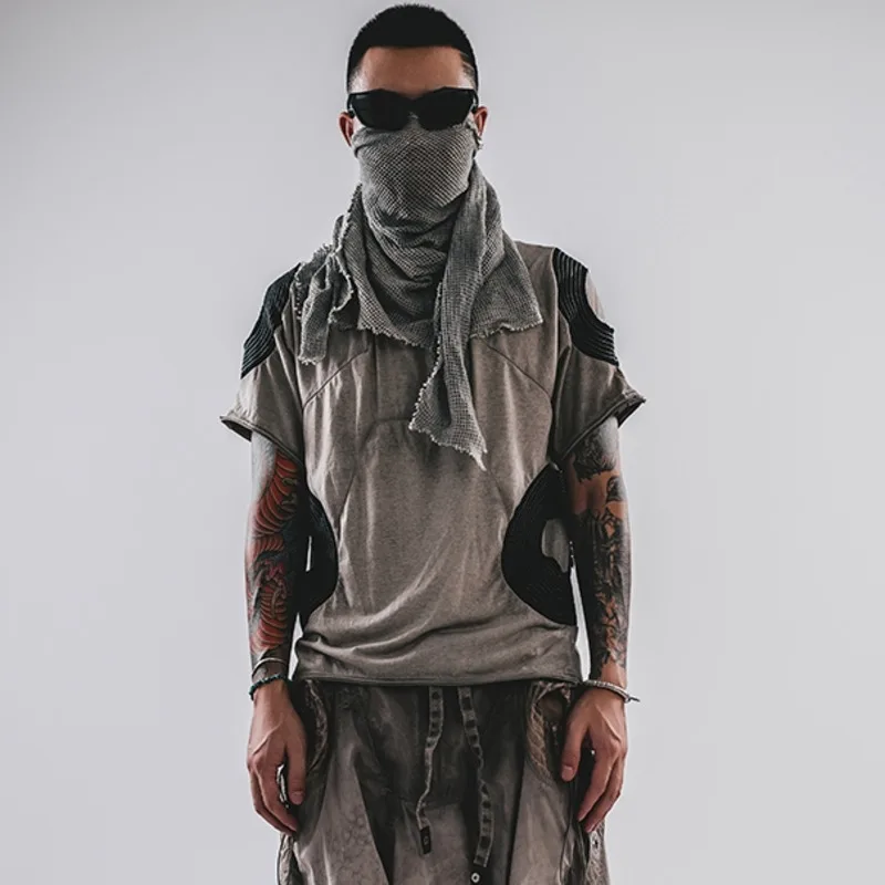 Hksh-男性用の不規則なパンクTシャツ,シックな綿のTシャツ,レトロな古着,オリジナルのパッチワーク,春と夏,新しい,hk2061
