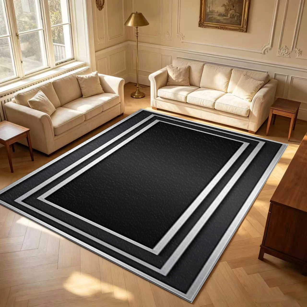 Modern Minimalist Black Silver Multi-Layer Frame Area Rug Simple Geometric Border Non Slip Floor Carpet Home Decor