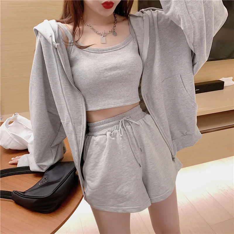 2023 Autumn Three 3 Piece Sets Women Tracksuit Oversized Suit Summer Shorts Suit Female Solid Sports Hoodie Sportswear Sleepwear