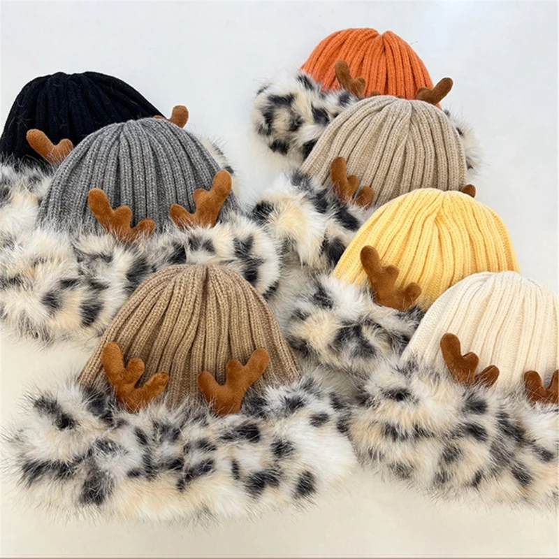 Plush Patchwork Deer Horn Hat for Women Furry Warm Crochet Skull Hat Outdoor Activity Cold Weather Hat Windproof NEW