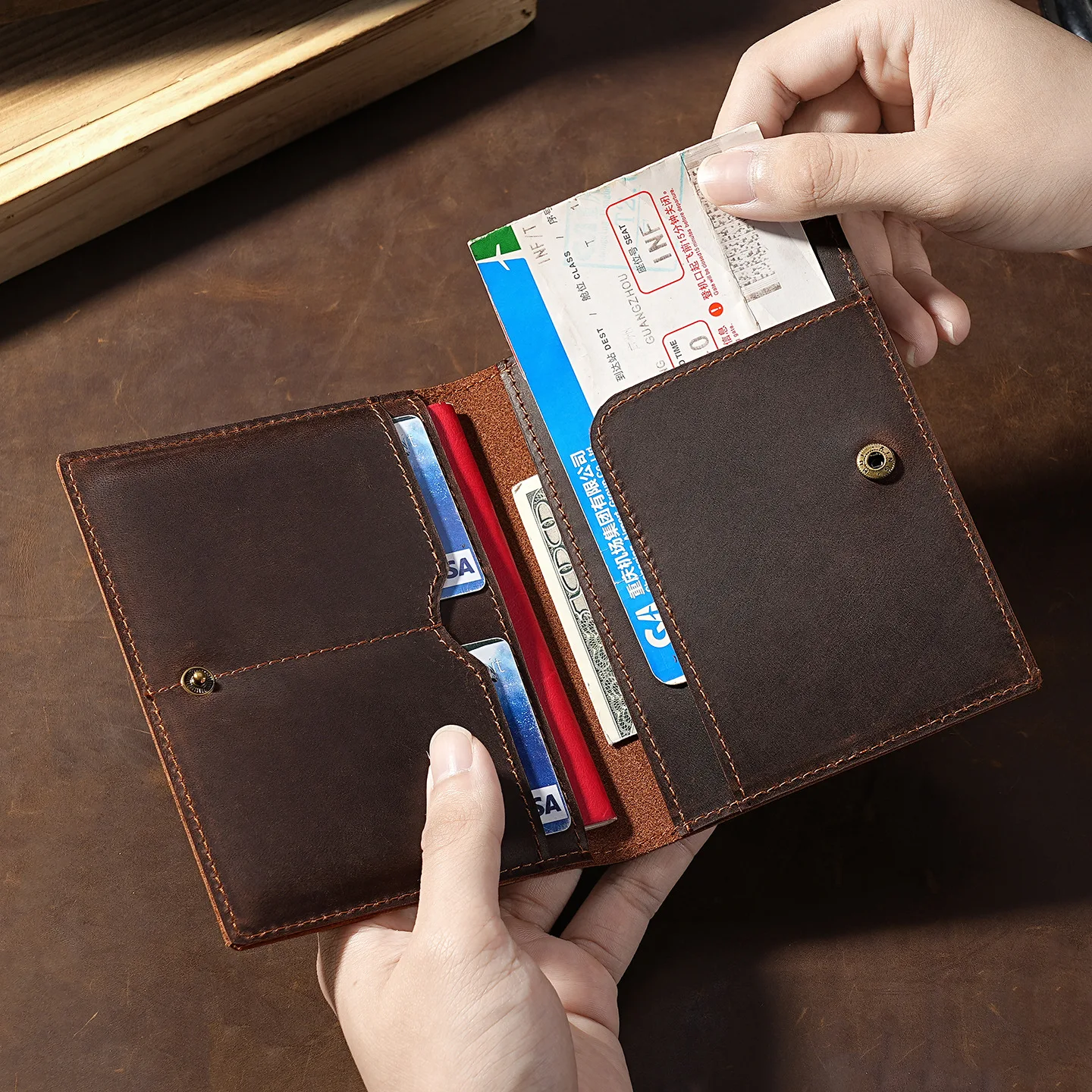 Full Grain Cowhide Passport Cover, Multi Compartment Real Leather Travel Wallet Holds Passport Cards Tickets Cash