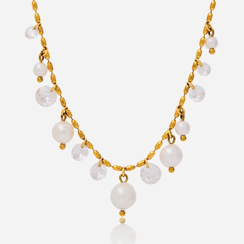 

Minar New Luxury Imitation Pearl Rhinestone Tassel Strand Pendant Necklaces for Women Titanium Steel 18K Gold PVD Plated Choker