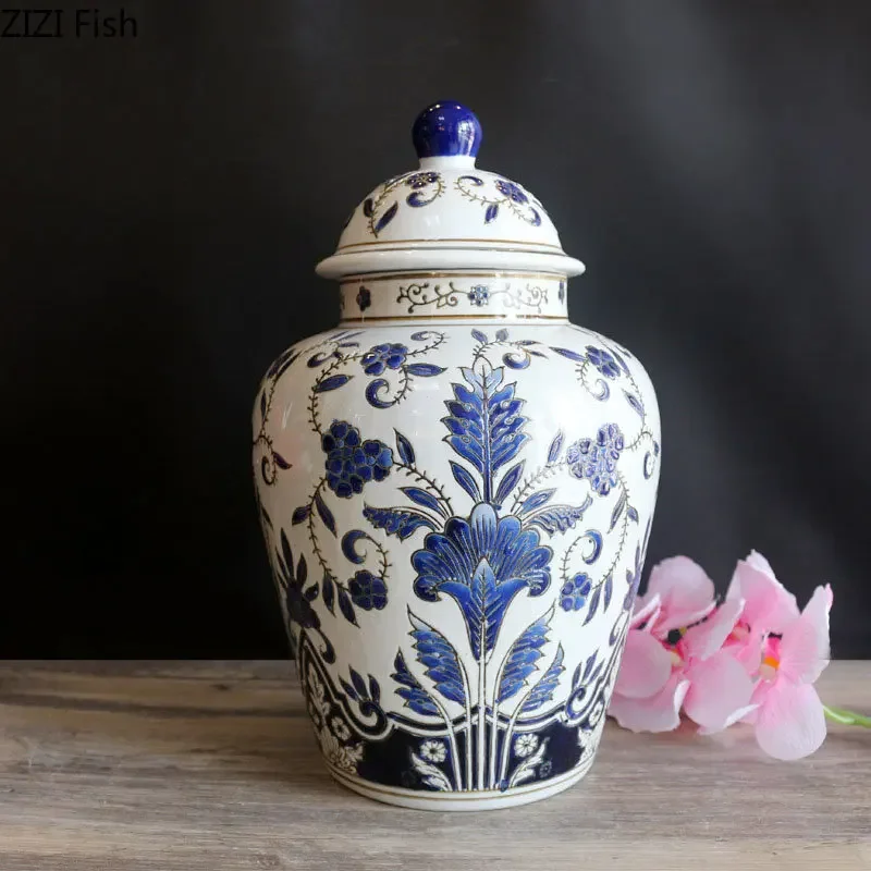 Blue and White Porcelain General Tank Ceramic Storage Jar Ginger Jars Porcelain Vase Desktop Jewelry Jars Cosmetic Container