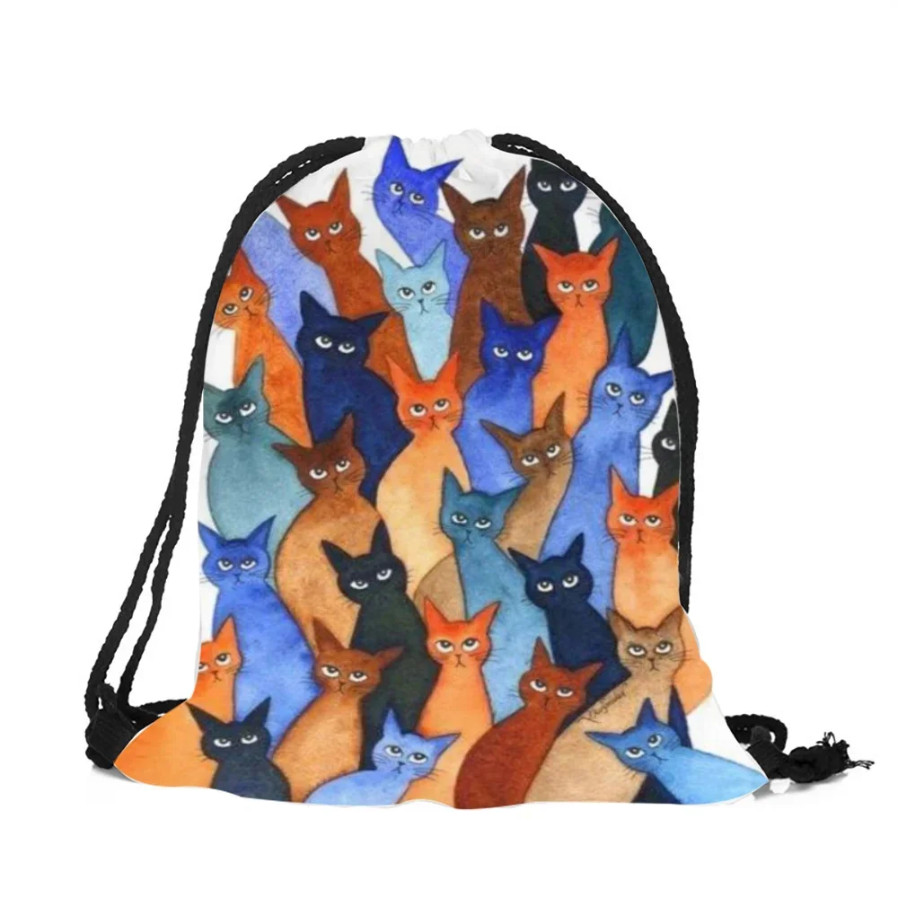 Customize Cute Cartoon Kitten Puppy Printing Drawstring Bags with Double Sides for Woman Man School Travel Use String Backpack