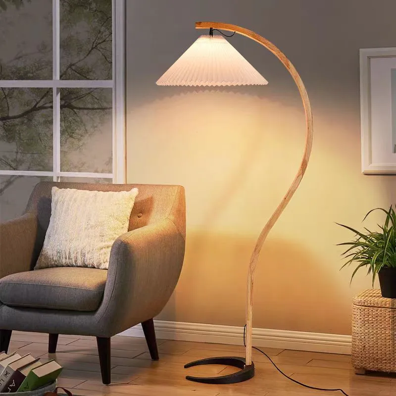 Japanese Curve floor lamp LED Soild Wood stading Lamp pleated lampshade Living Room Bedroom Study Decor sofa side reading Light