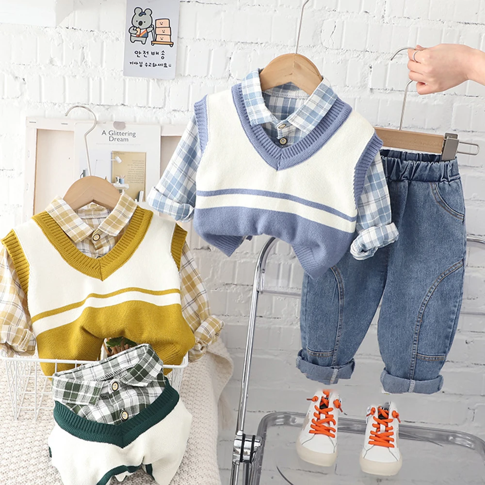 1-6T Boys 3piece Set Children Autumn Fashion Checkered Shirt +Knitted V-Neck Color Blocking Tank+Elastic Denim Pants Causal Set