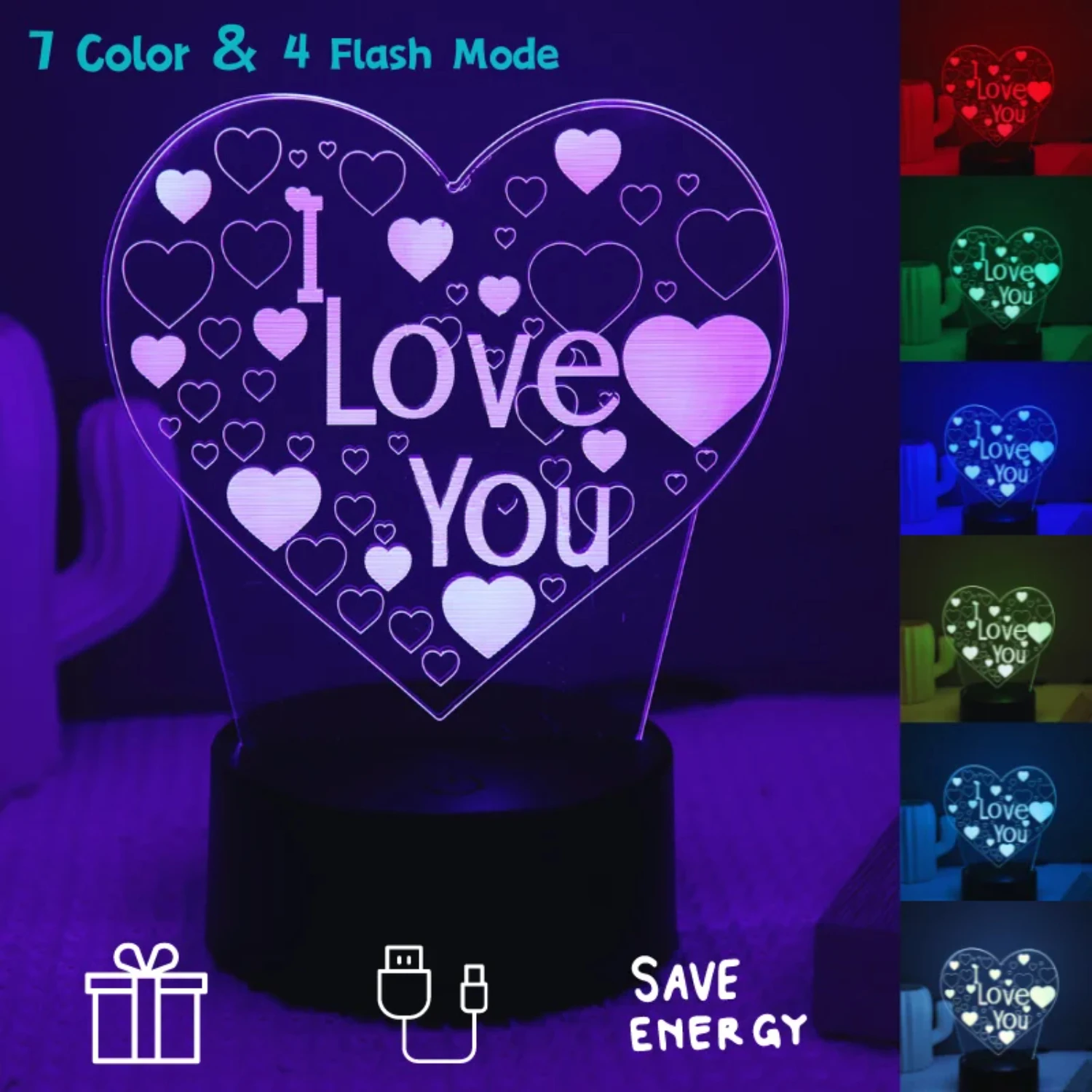 Heart 3D Acrylic  Bedside Table Lamp LED I Love You 7 Colors  Night Light Girlfriend Valentine's Day Birthday Gift