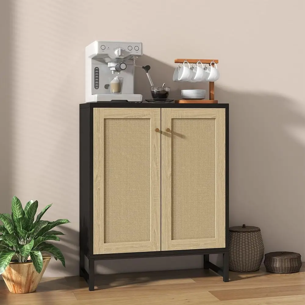 Rattan Decorated 2 DoStorage Cabinet Accent Cabinet Living Room Cupboard Kitchen Sideboard Buet Table (Black)