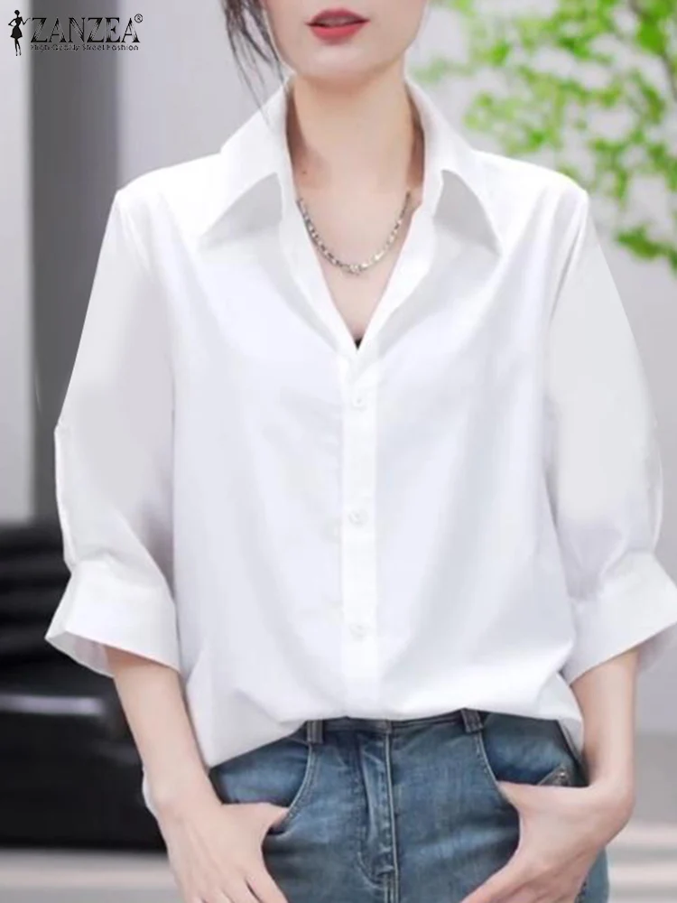 Summer Elegant Office OL Blouse Fashion Women Shirt Button Down Blusas 2024 ZANZEA Casual Lapel Neck 3/4 Sleeve Tops Tunic Femme