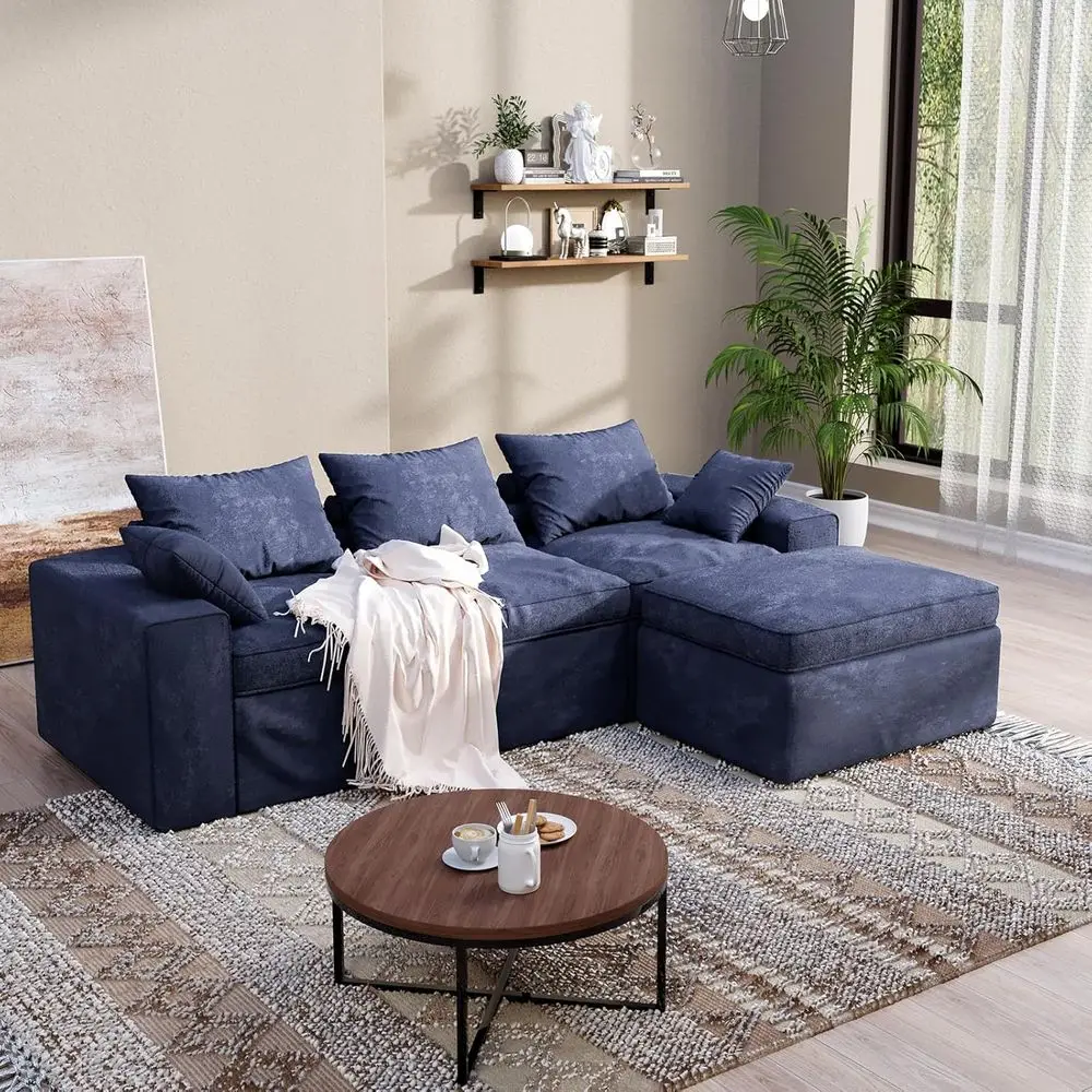 

108 Inch Deep Seated L-Shape Sectional Sofa with Ottoman, 3 Seater, No Assembly, Blue
