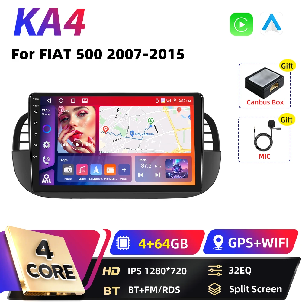 Podofo Qualcomm 8-Core Carplay 2DIN Android Auto Multimedia Speler Voor FIAT 500 2007 2008-2015 GPS Navigatie DSP WIFI FM RDS BT