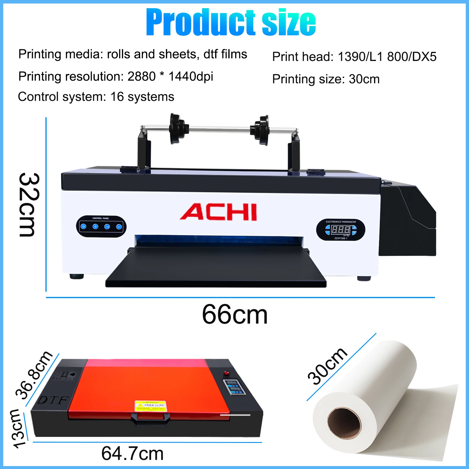 ACHI A3 DTF Printer High Printing Accuracy R1390/L1800 DTF Printer with Oven T-Shirt Heat Transfer for Fabric Clothes Printing