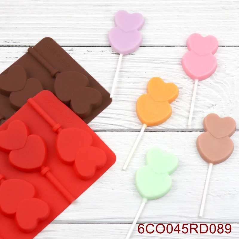 20PCS/LOT ReadStar 6CO045RD089 6 Cavities Double Heart Lollipop  Chocolate Silicone Mold 6 Holes Baking Mould DIY Soap Mold