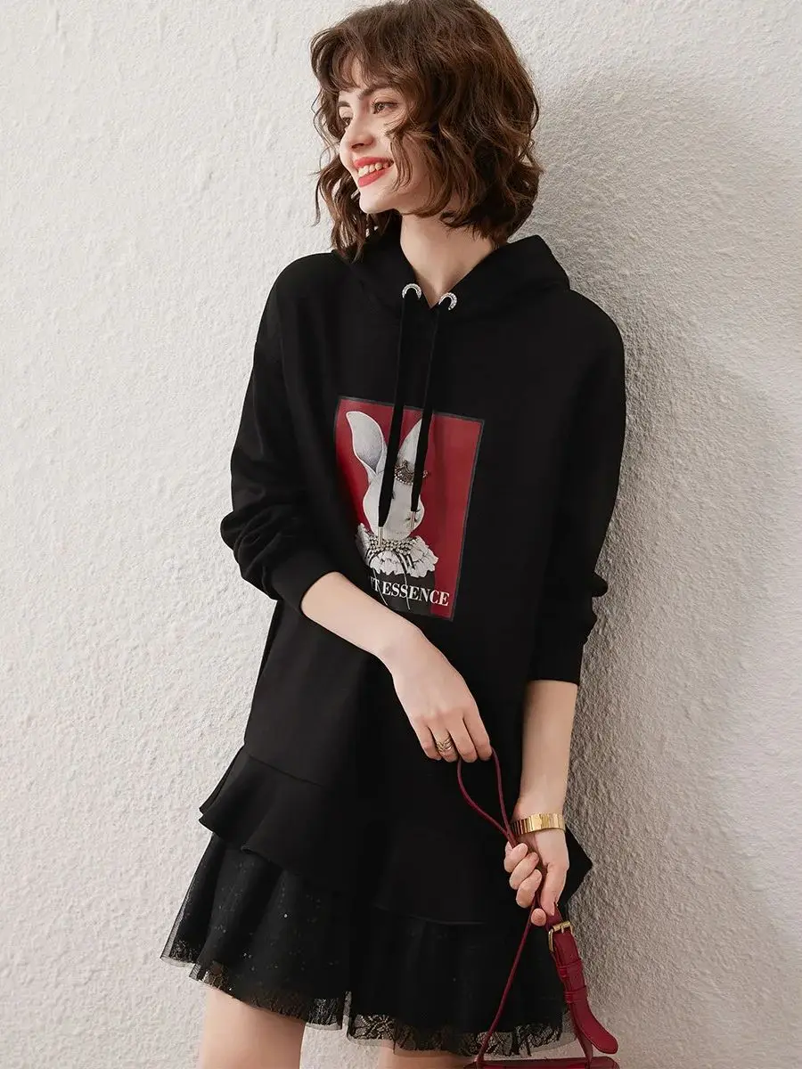 LOUIS YAO Women Hooded Sweatshirt Dress 2023 Autumn Lazy Style Drop-shoulder Long-sleeve Patchwork Mesh Dress