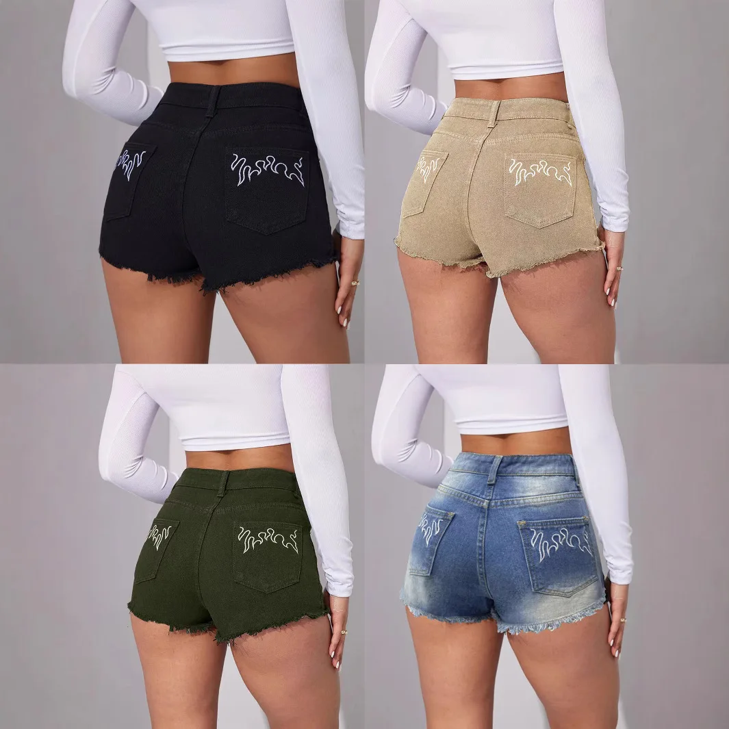 

Шорты, женские джинсы, лето 2025 года, уличная одежда, короткие брюки с вышивкой, узкие брюки со средней талией, потертые прямые джинсы с заклепками