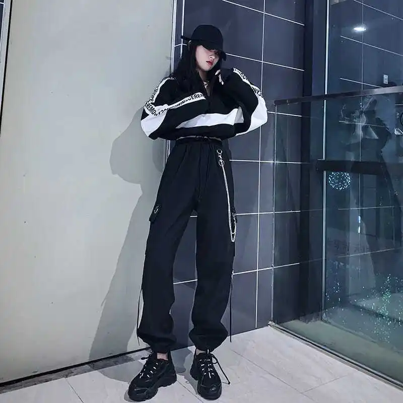 

Korean Handsome Hip-hop Women Pants with Chain High Waiste Wide Leg Pants Women