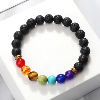 7 chakra frisado pulseiras natural olho de tigre pedra preto lava yoga cura pulseira para mulheres homens meditação pulseiras jóias presente