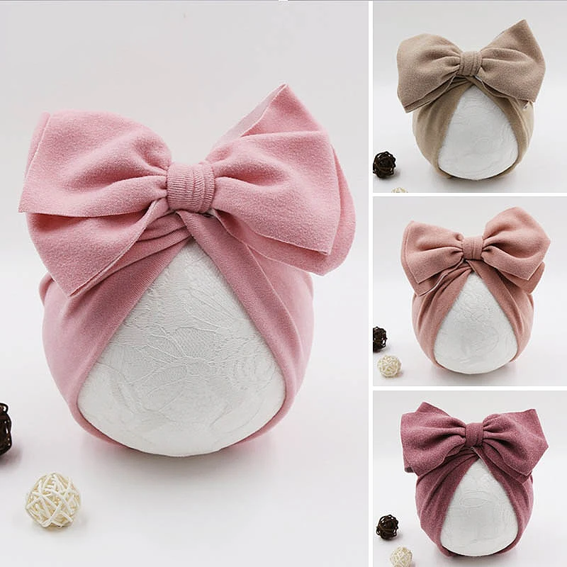 Solid Color Newborn Indian Hat Bow Infants Turban Cap Soft Cotton Baby Headscarf Beanies Headband 0-3Year Kids Hair Accessories