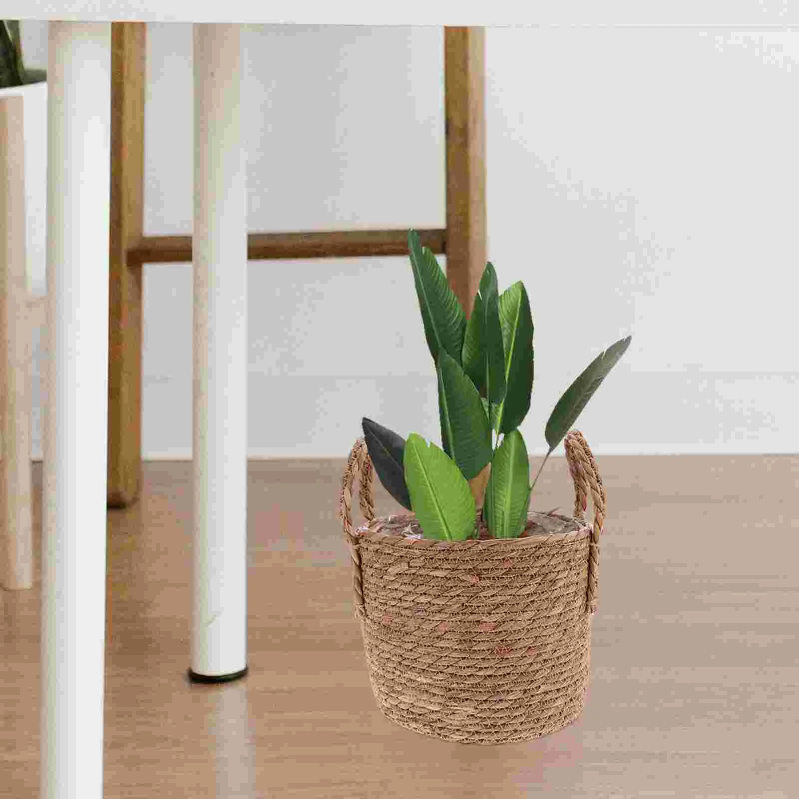 Straw Flower Pot Wicker Planter Vase Flowerpot Bucket Retro Storage Basket Premium Seaweed