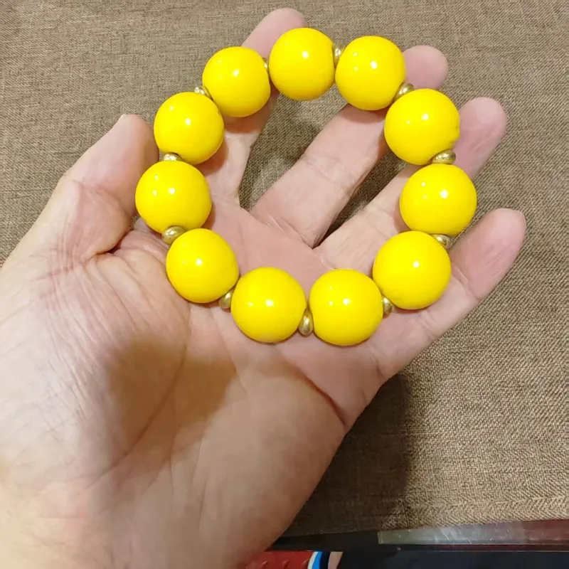 Bright Yellow Round Lampwork Glass Bead Bracelet Gold Spacers Unisex Retro Bohemian Hand‑crafted Elastic Wrist Jewelry