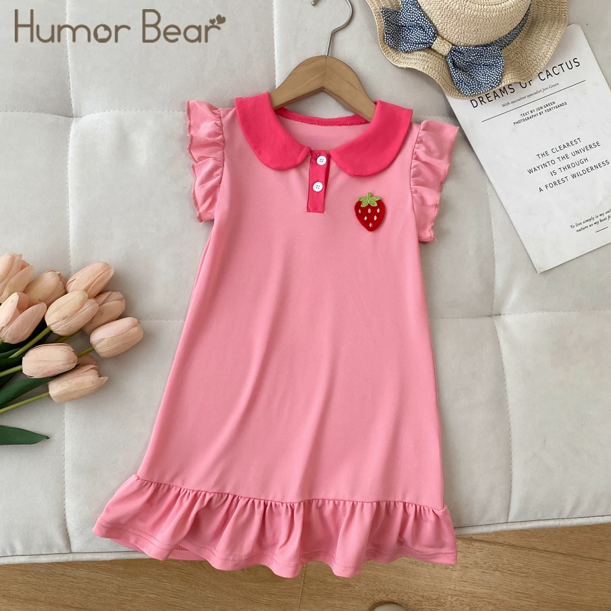 Humor Bear Summer New Children's Clothing Fashion Simple Strawberry Lapel Flying Sleeve Dress Korean Version Girls Casual Dresse