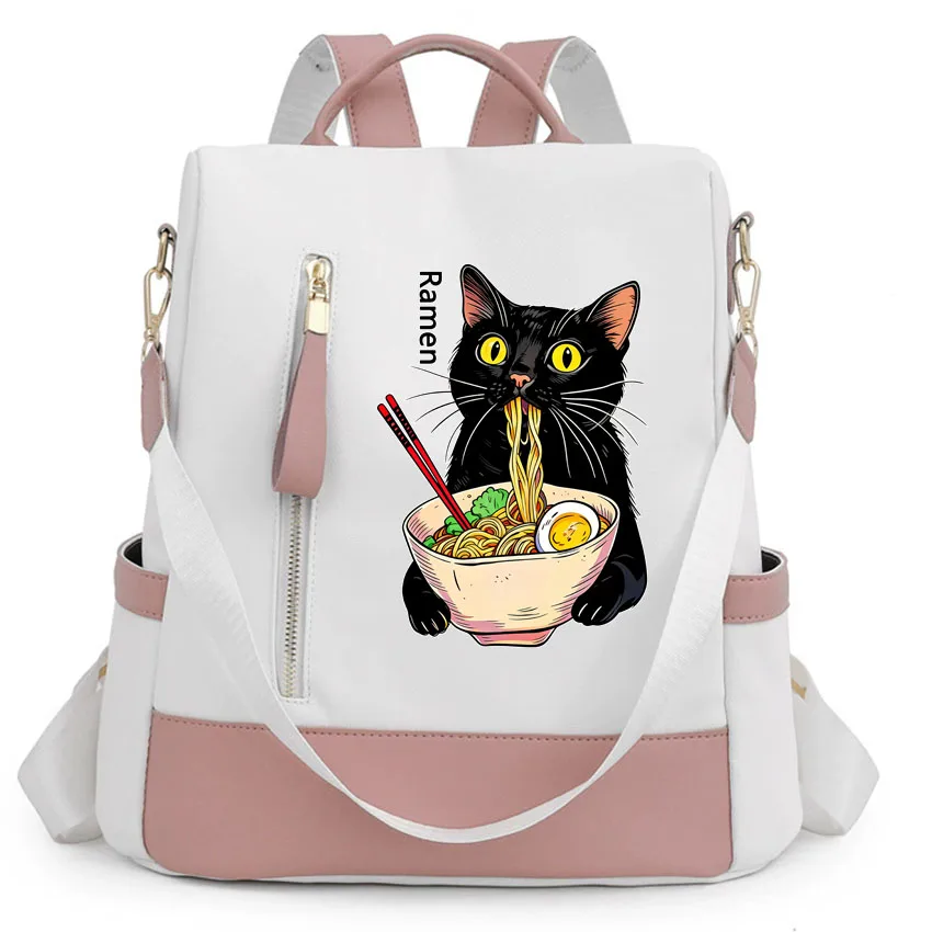

Women's travel backpackNoodle Ramen Cat Foodie Lover Black Cat Noodle Printing zipper closure convertible shoulder bag school
