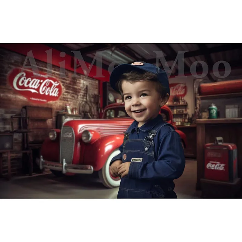 1950s Vintage Coca Cola Mechanic Station 50s Americana Garage Photo Studio Photography background for kids Birthday Party Decor