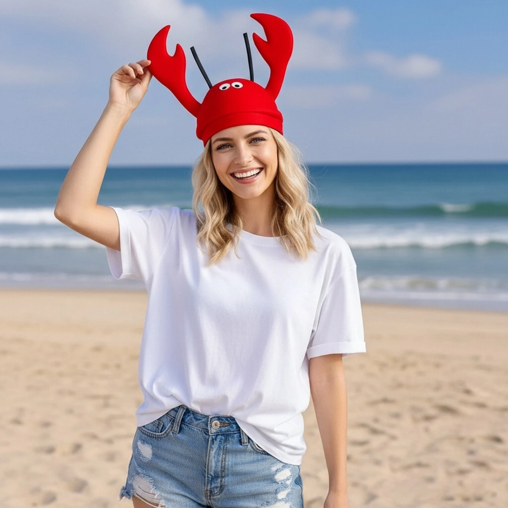 Novelty Red Crab Shape Hat Cute 3D Claw Eyeball Design Adult Party Cosplay Cap Halloween Carnival Beach Funny Dress Up Headgear