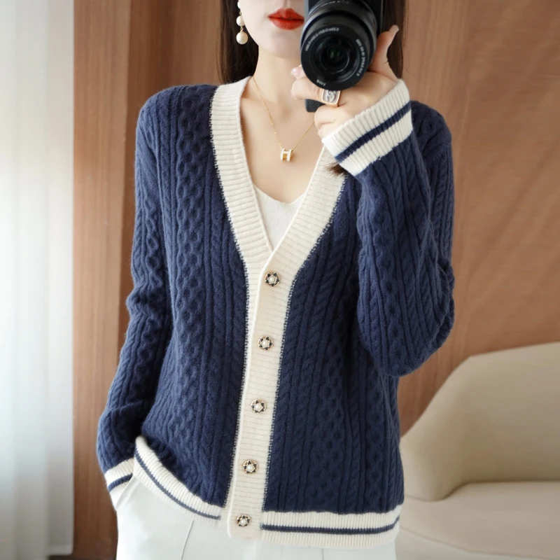 Cashmere Cardigan Sweater Women 2022 Autumn  Winter  Color matching V-Neck Casual Loose Warm knitting Coat  Femme