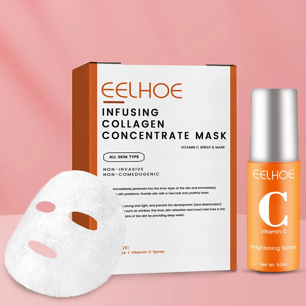 Mascarilla de colágeno de alto proteína, juego de pulverización que desvanece las ojeras, bolsas para los ojos, máscara VC-Spray, líneas finas ligeras, cuidado hidratante de la piel