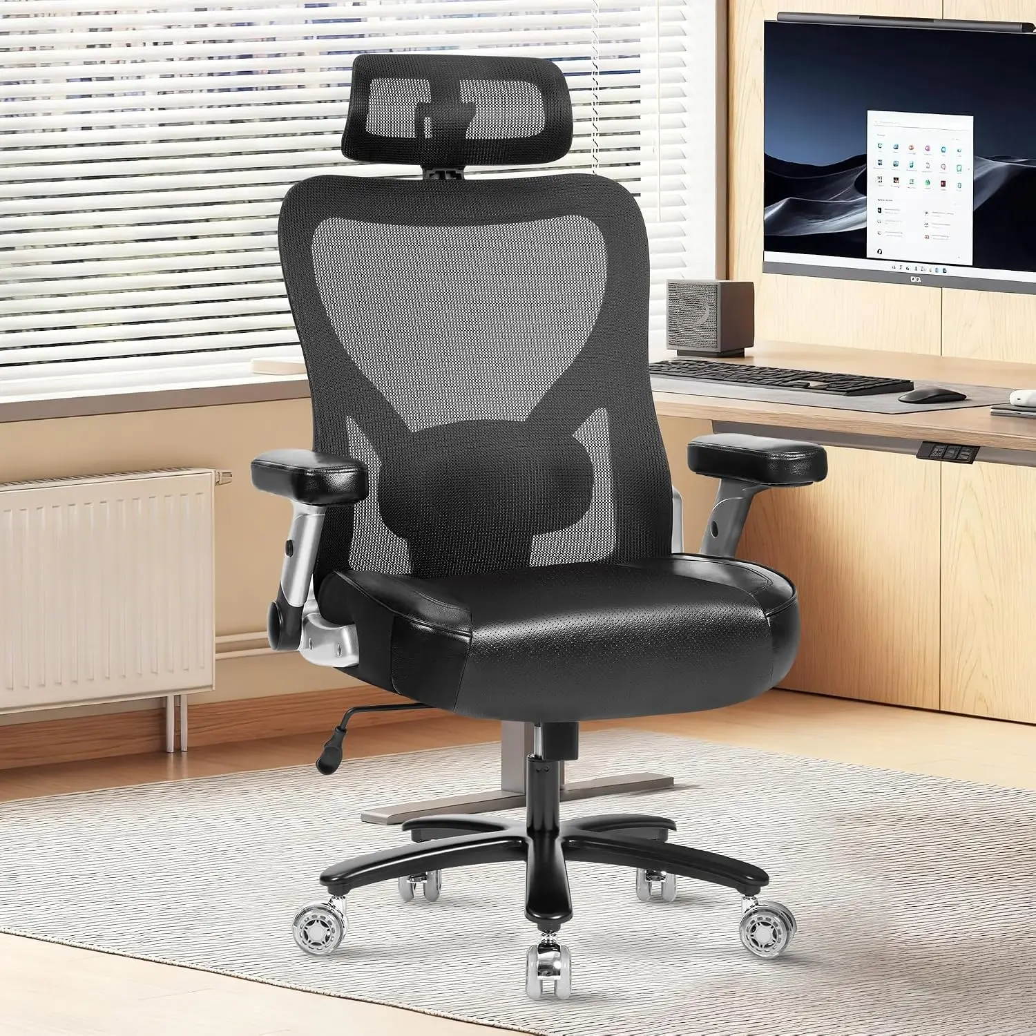 Big Tall Office Chair 700lbs Heavy Duty Executive Mesh High Back Desk Chair Rubber Wheels 3D Flip Arms Extra Wide Seat Adjustabl