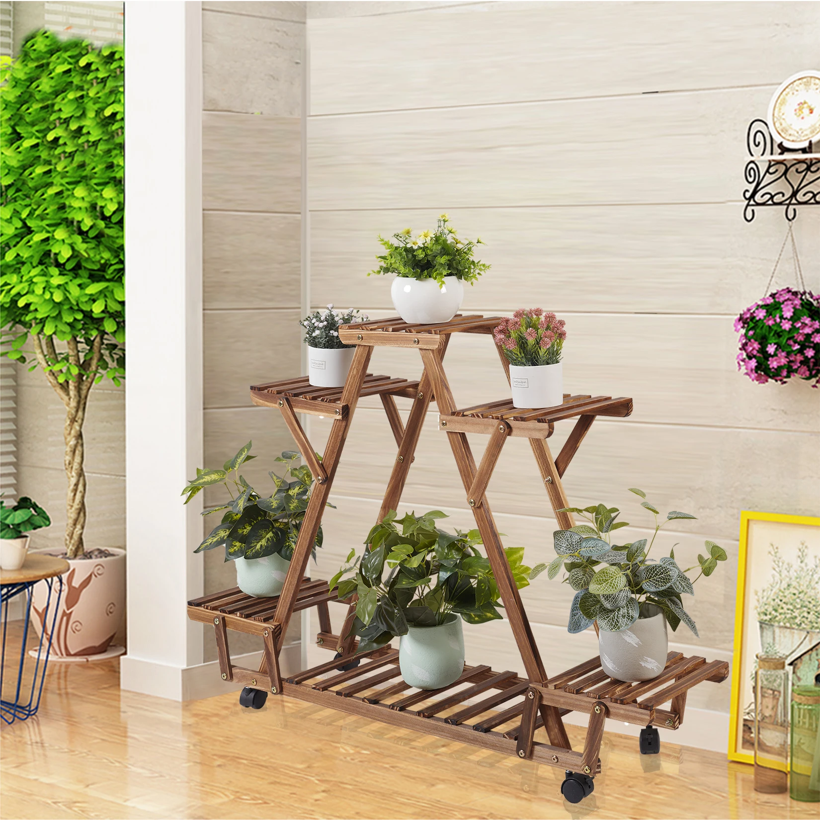 Triangular Plant Shelf 6 Potted Wood Plant Holder Flower Pot Stand Display Storage Rack with Wheels