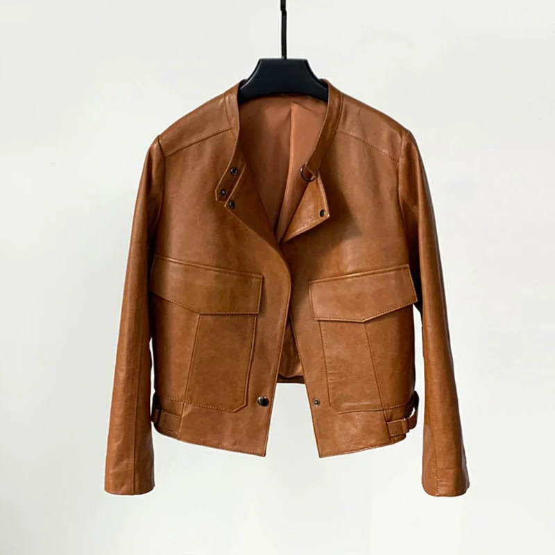 100% cuir véritable femmes vestes courtes décontractées mode vin rouge poches Cargo femme col montant en peau de mouton Moto vestes manteaux