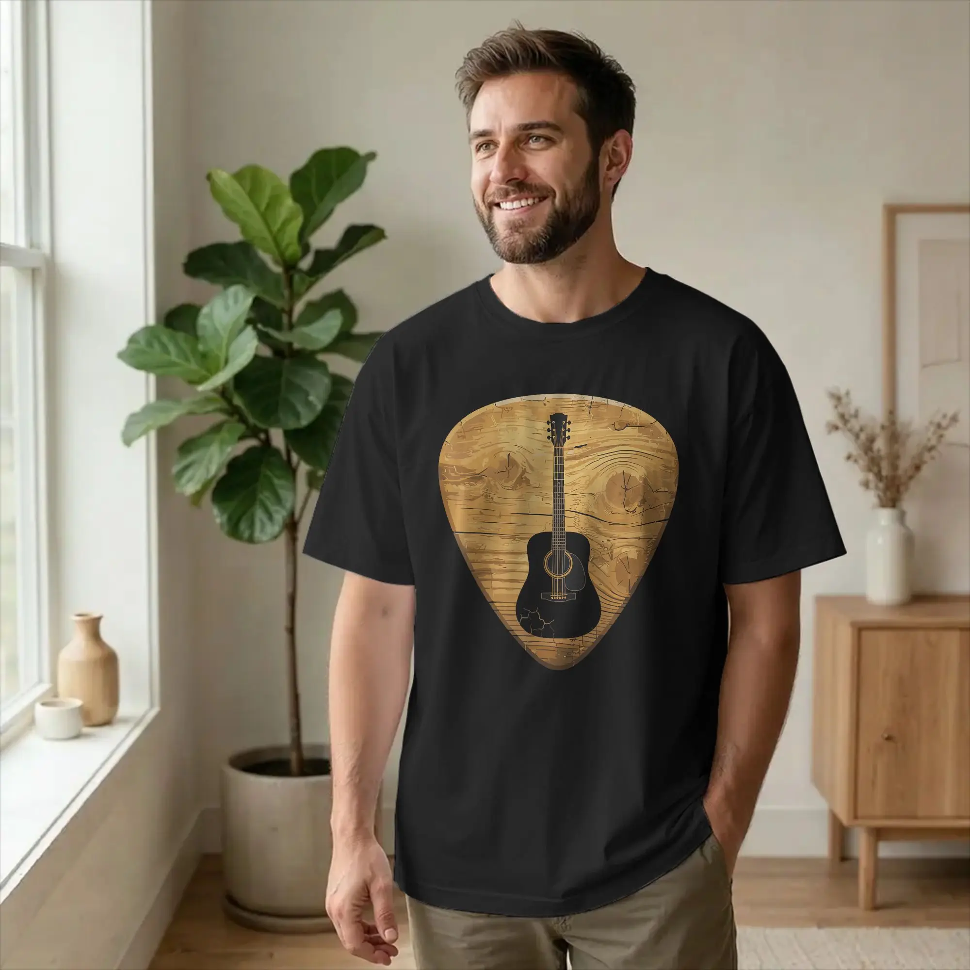 Men's Acoustic Guitar Pick Guitarist Musician T Shirt Vintage Cotton Clothes Awesome Short Sleeve Crew Neck Tee Shirt T-Shirt