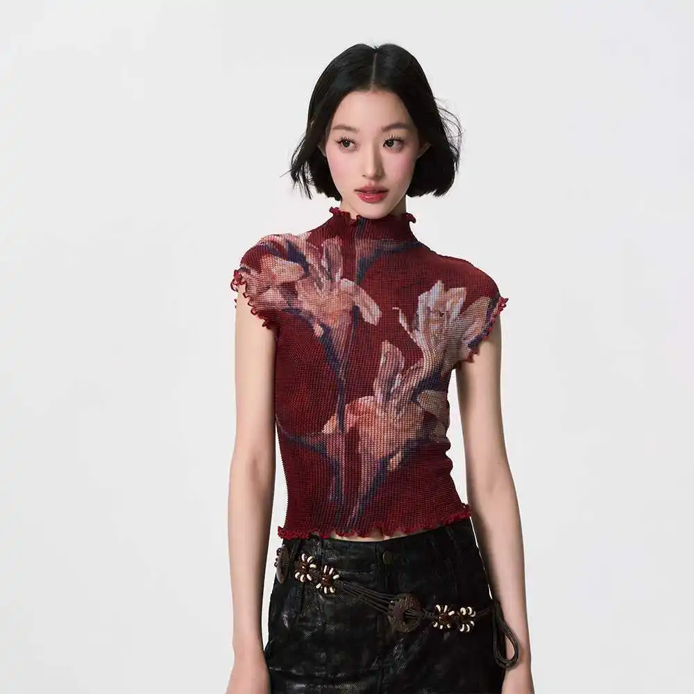 

Lily Pleated Tee Semi Turtleneck Slim Fit Blouse Cottagecore Aesthetic Y2K Summer Vintage Floral Print Top