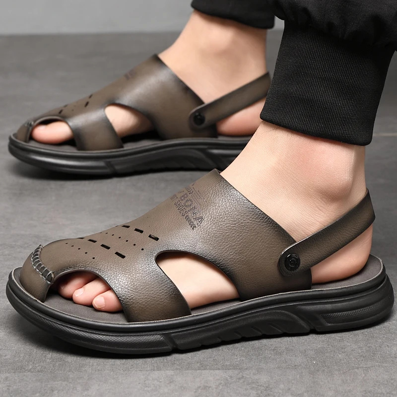 Super fiber leather sandals for men in summer 2024, casual headband for wearing, dad\'s slippers, latex pad for men\'s beach hole