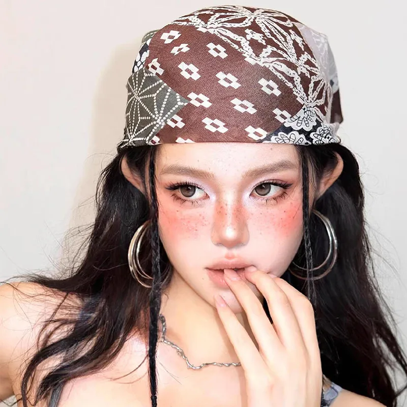 

Hot Sell Y2K Retro Hip-hop Style Printed Headscarf Personalized Color Blocked Headband Square Scarf Wearing Matching Accessories