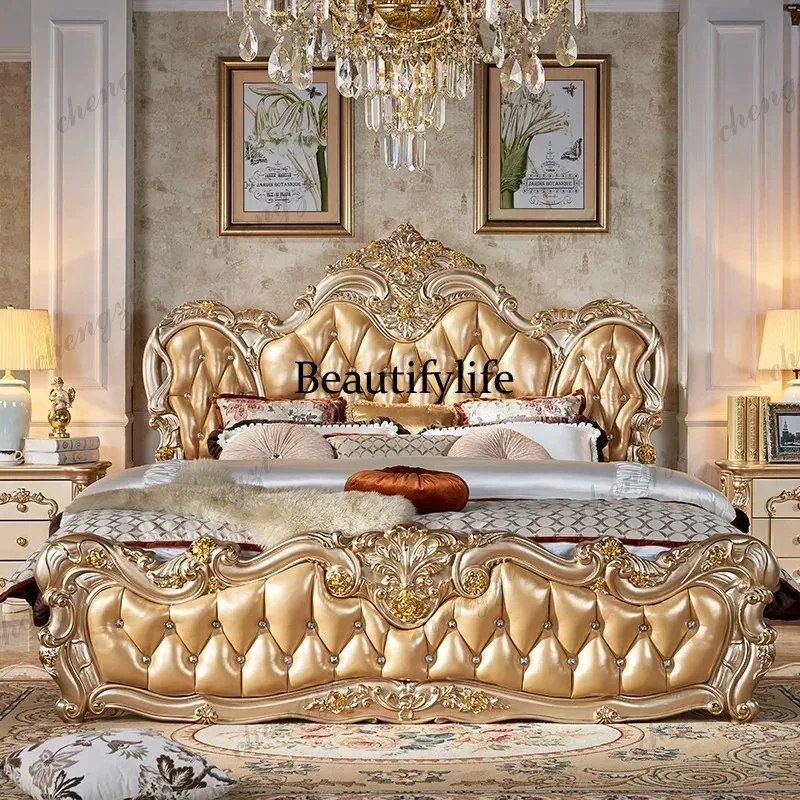 Gold European Luxury Double Bed Set Design Room Small Luxury Home Double Bed Mattress Wooden Adults Muebles