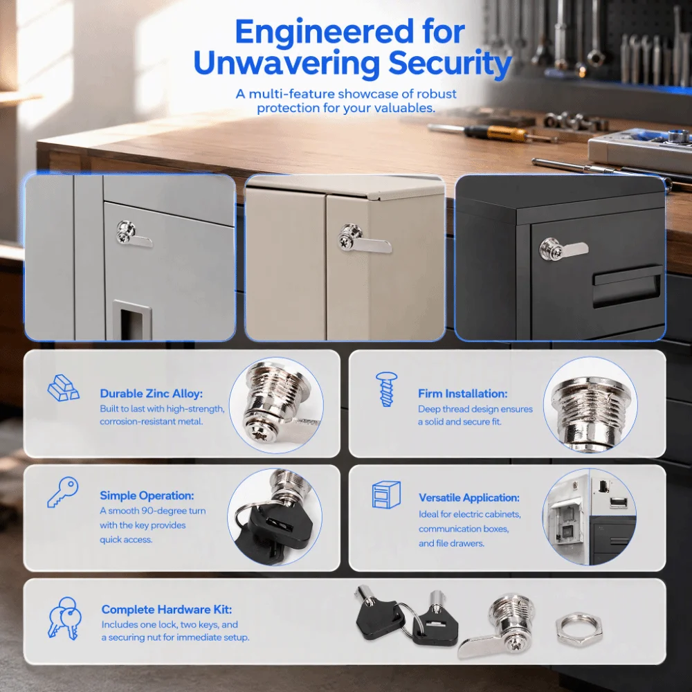 Secure 4 Keys Included Cabinet Cam Lock Durable Versatile File Cabinet Lock Drawer Lock Closet Doors
