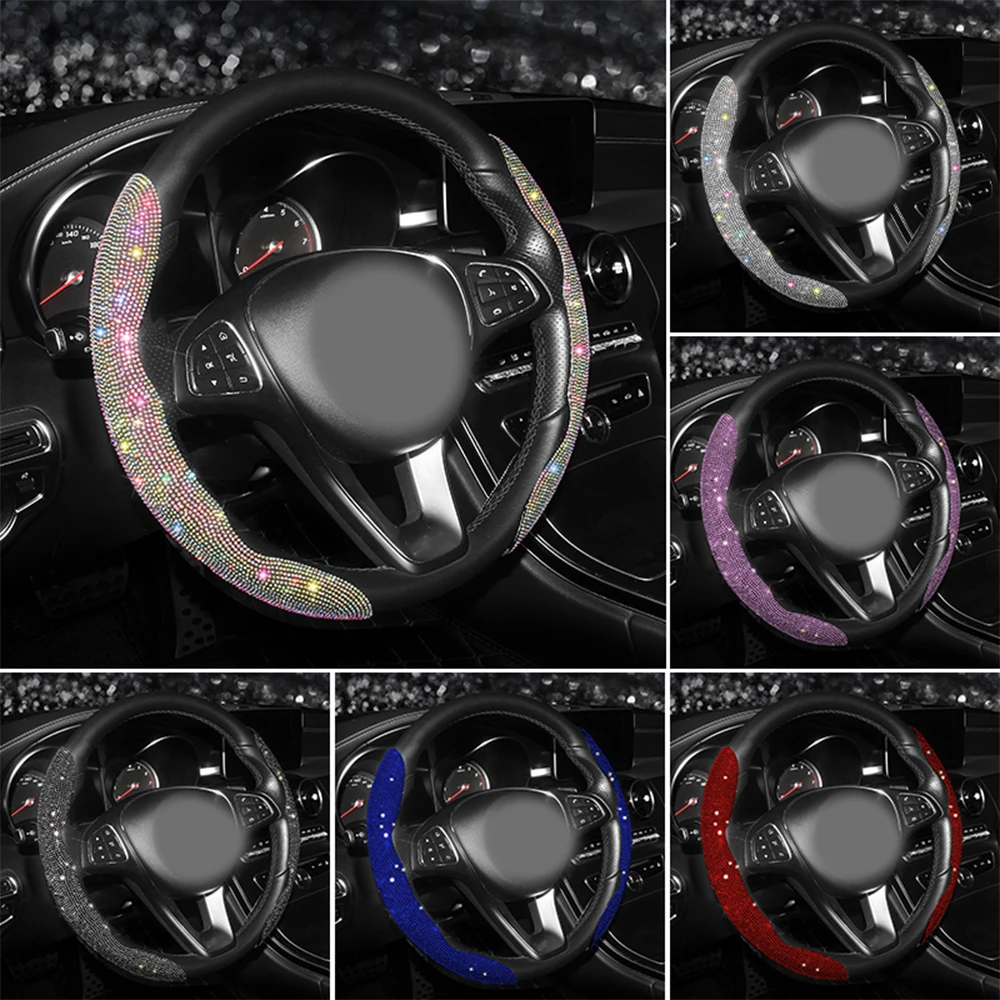 Bling Bling Diamond Steering Wheel Cover Universal Leather Sparkly Wheel Protector Anti-Slip Cover Car Accessories for Women