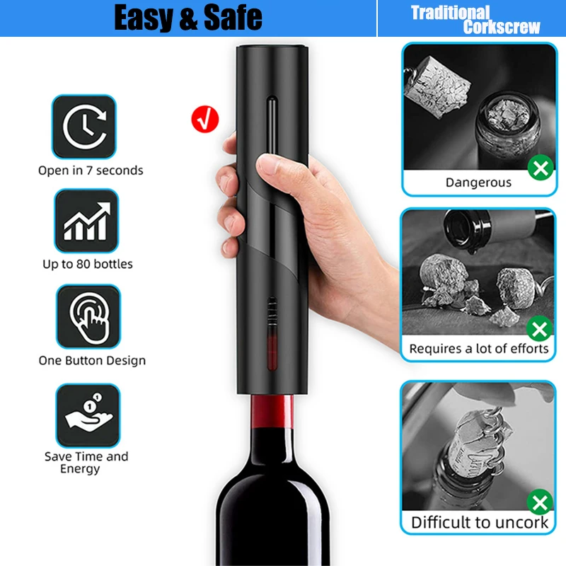 Electric Wine Bottle Opener Automatic Rechargeable Red Wine Corkscrew  or Battery Powered Wine Opener Tools Kitchen Bar Products