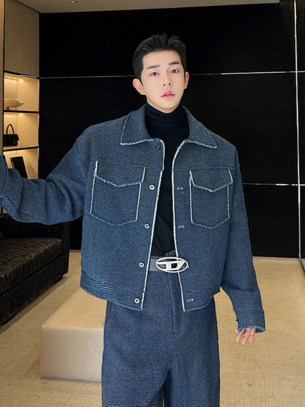 

Korean Loose Denim Jaet oulder Padded Men's Outerwear Straight Leg Wide Pants Two Piece Set Faionable And Trendy