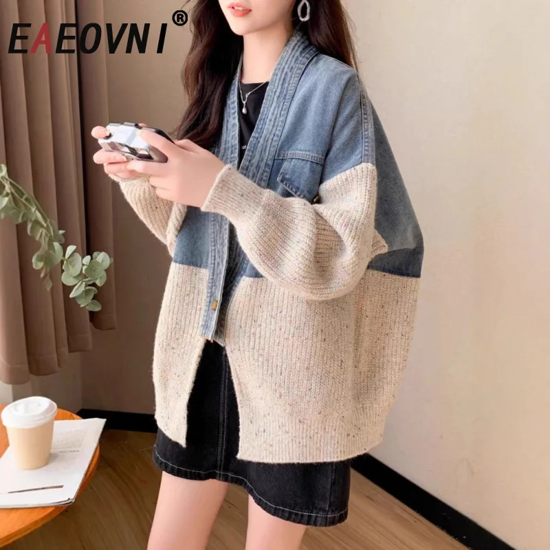 

EAEOVNI Fashion Knitted Denim Spliced Coat Women Contrast Color V Neck Patchwork Design Streetwear Sweater Jacket Winter New