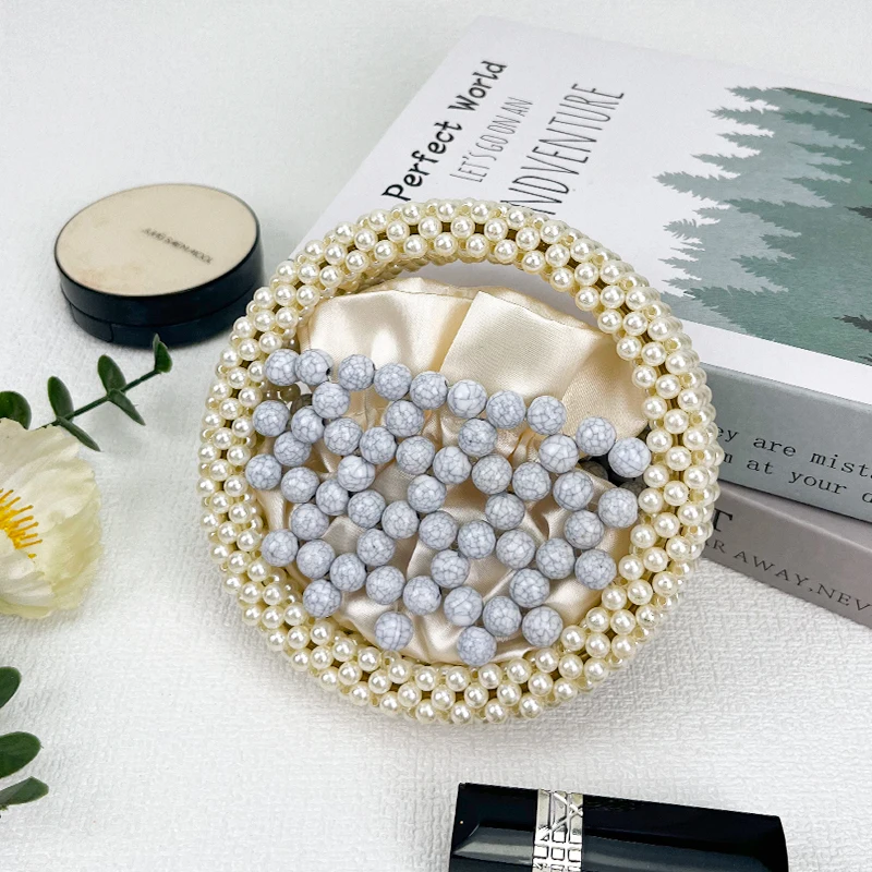 Retro creative round marble patterned bead handbag, new mini mouth red envelope hollow round bag, mobile phone bag