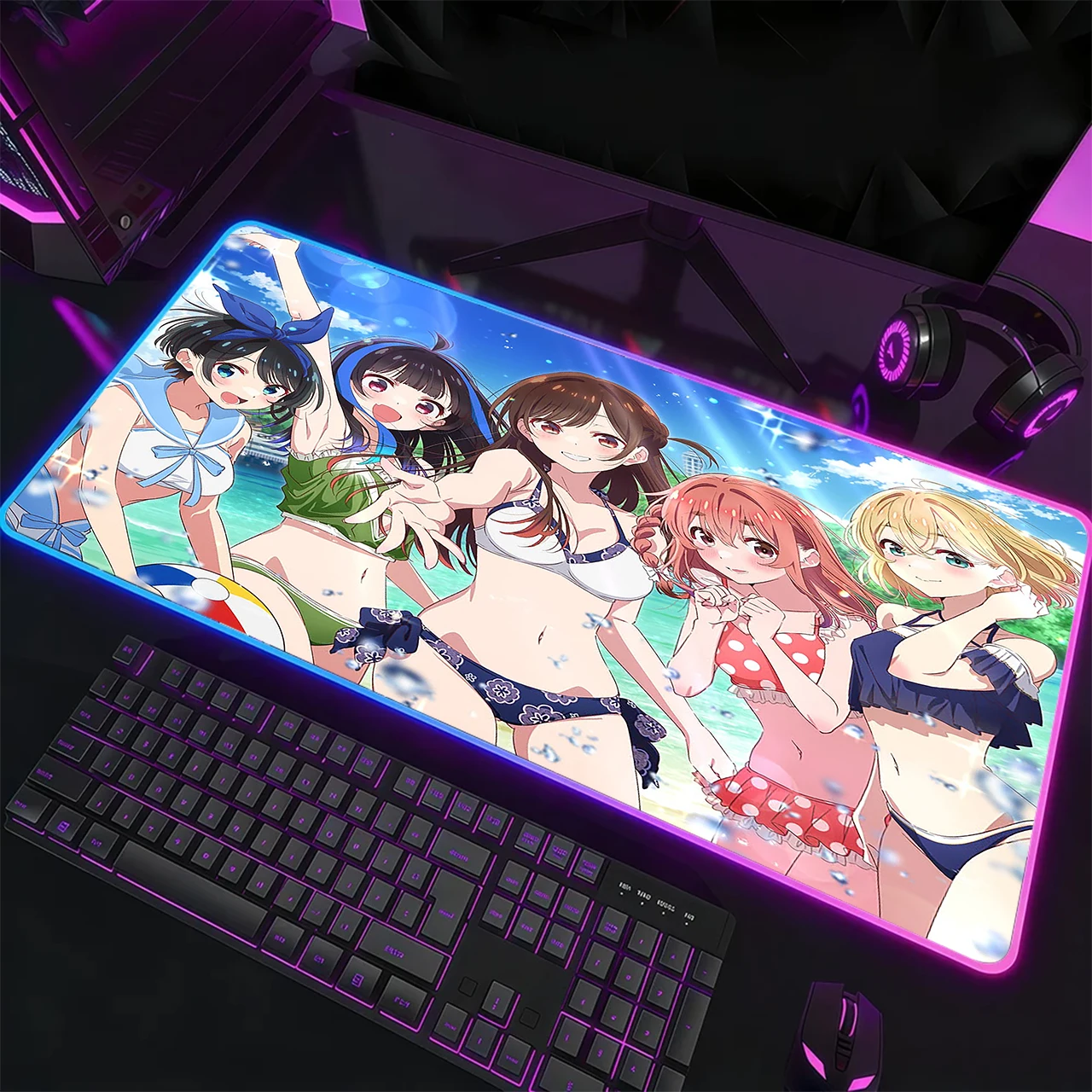 RGB Gaming Mouse Pad,Anti-slip,Stitched Edges,Soft Rubber,Rent-A-Girlfriend Bikini Girls Deskpad For Office Desk & Home Use